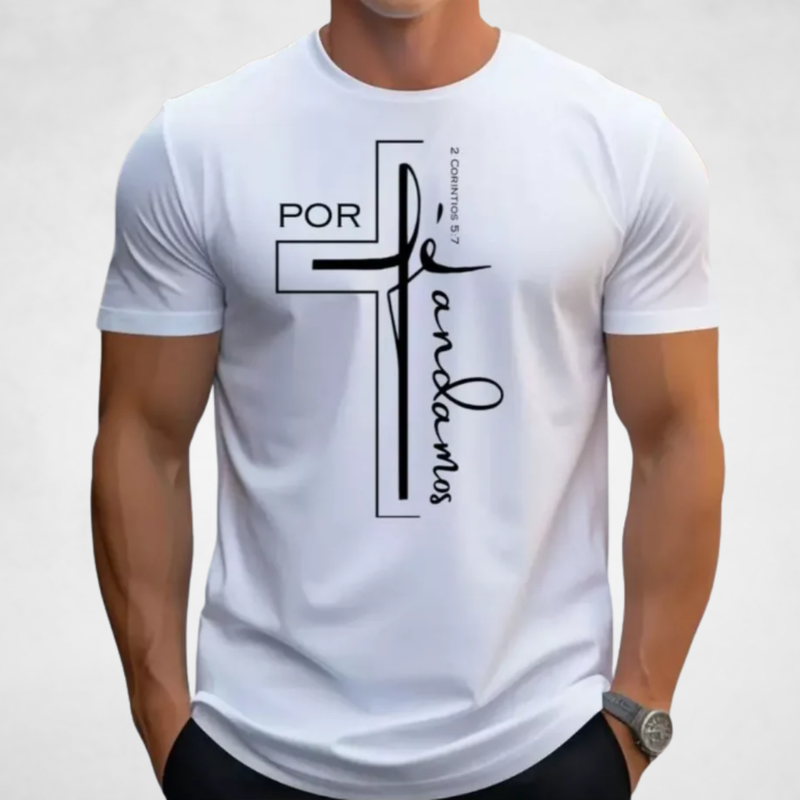 Camiseta “Por fé Andamos” 100% Algodão Slim Estampada