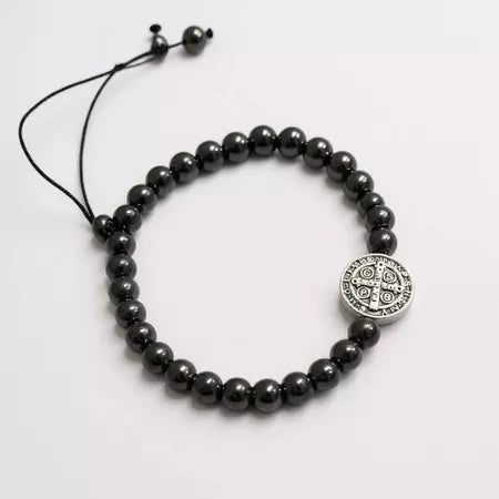 Pulseira Hematita Medalha De São Bento - Regulável